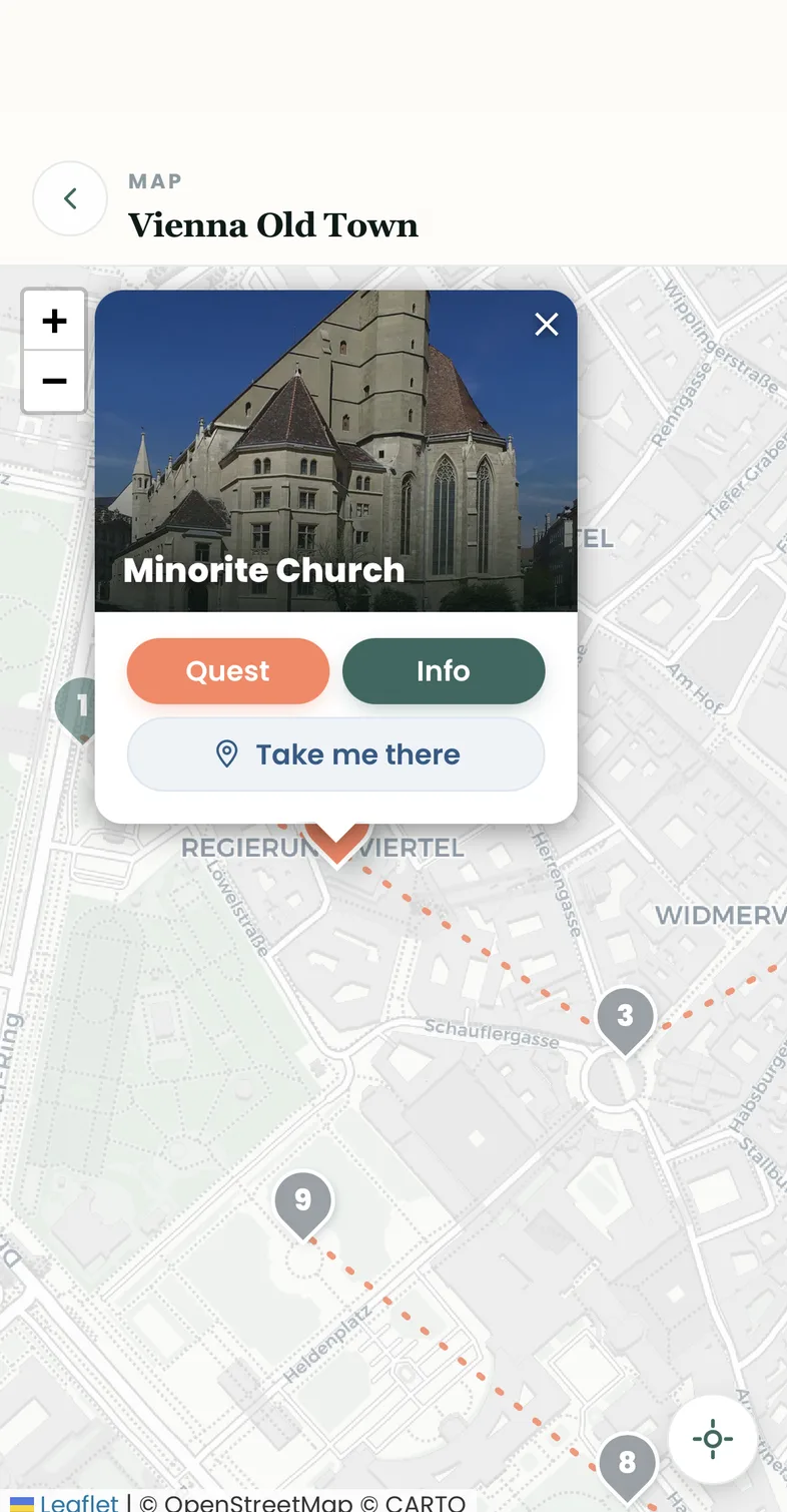 Map view with route and the tapped Minoritenkirche pin