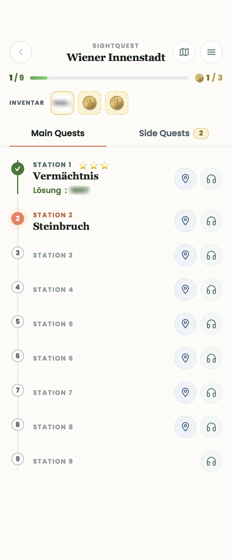 Quest-Übersicht mit Fortschritt, Inventar und Stationsliste