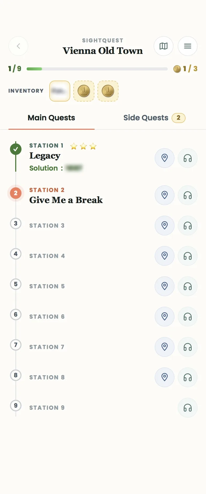 Quest overview with progress, inventory and station list