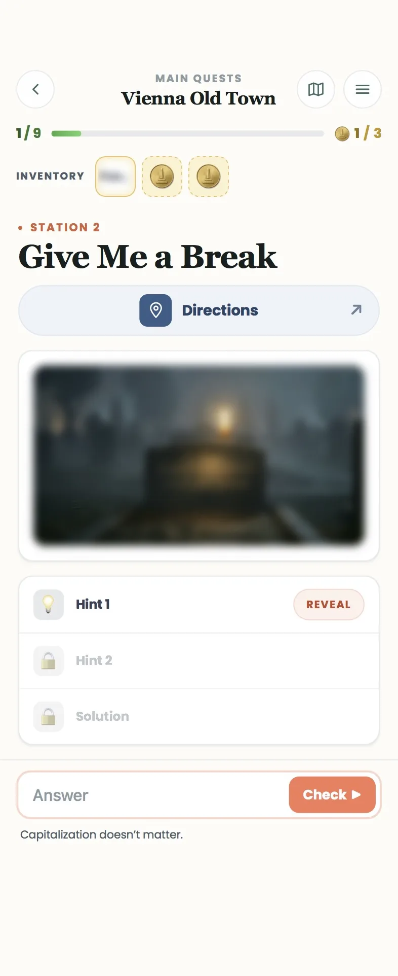 Main Quest puzzle screen with image, hints and answer field