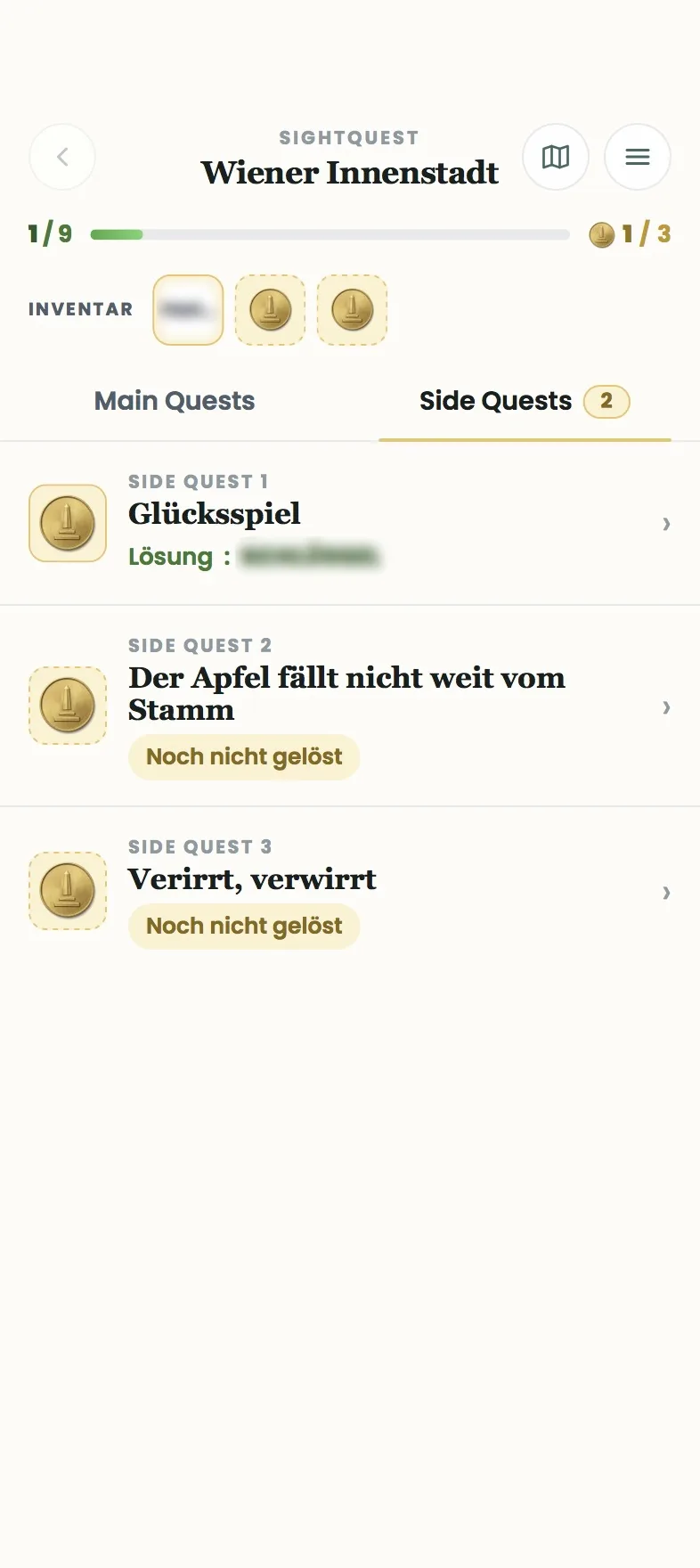 Side-Quest-Übersicht mit gelöster und offenen Bonus-Rätseln