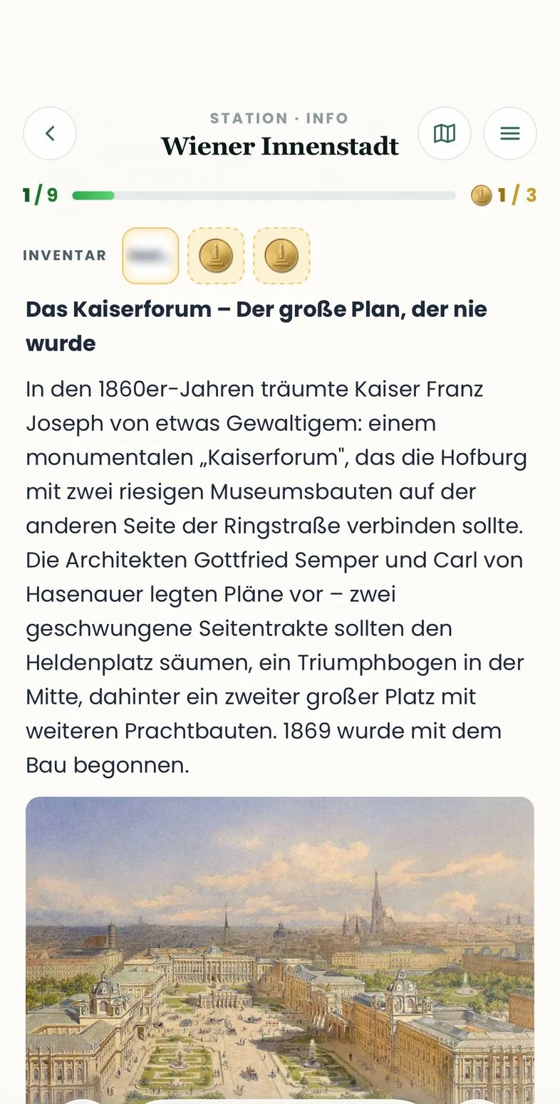 Info-Ansicht mit Infotext, historischem Bild und Audio-Guide