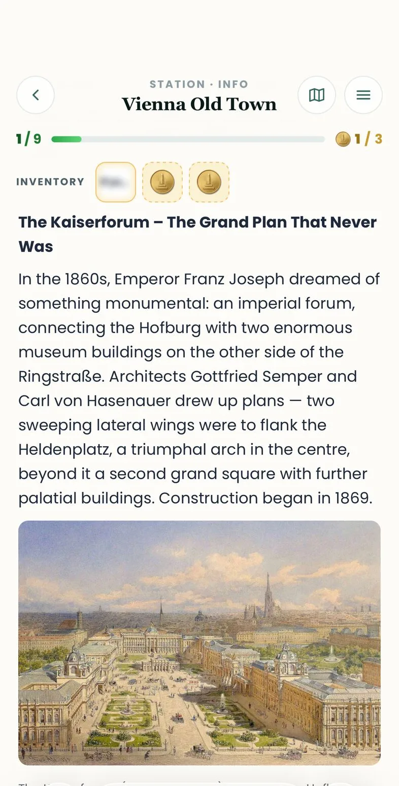 Info view with text, a historical image and an audio guide