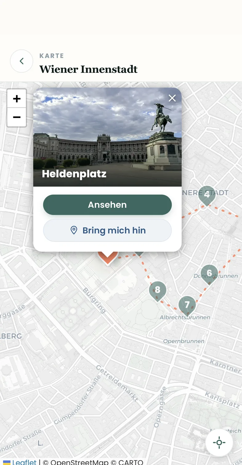 Kartenansicht der Wiener Innenstadt mit Route und angetipptem Pin Heldenplatz