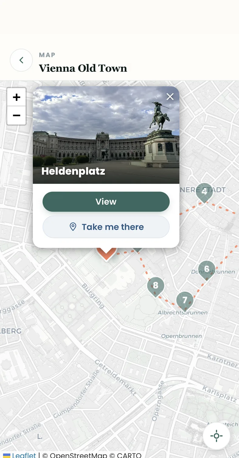 Map view of the Vienna Old Town tour with route and the tapped Heldenplatz pin