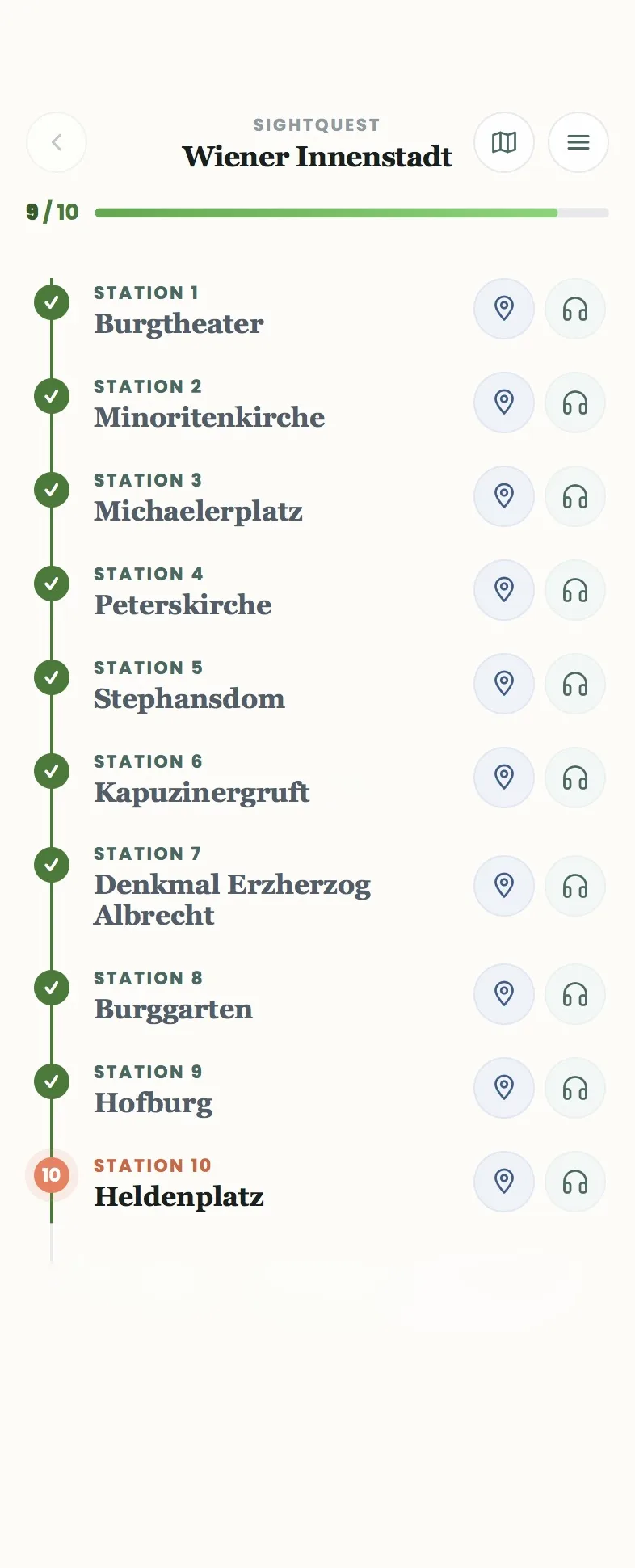 Tour-Übersicht mit Stationsliste, Wegbeschreibungs- und Audio-Buttons