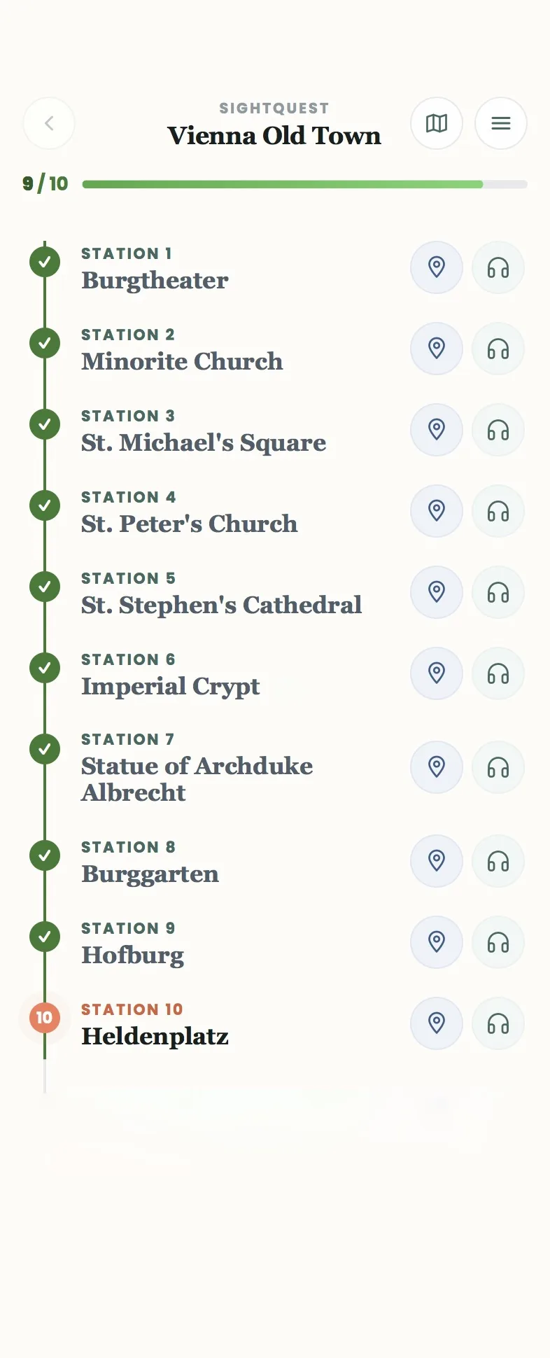 Tour overview with the station list, directions and audio buttons