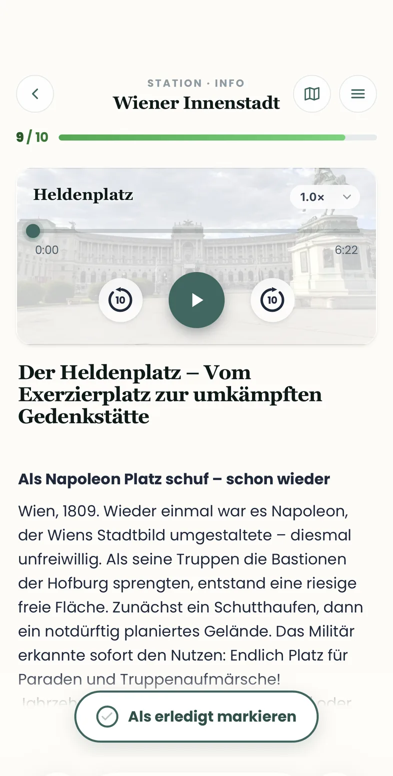 Audio-Player mit dem Titel Heldenplatz und Wiedergabe-Steuerung