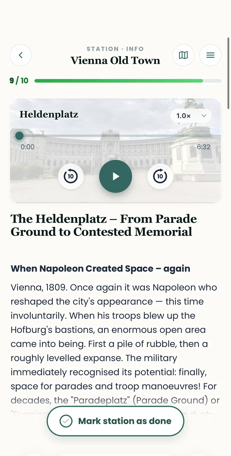 Audio player showing the Heldenplatz track and playback controls