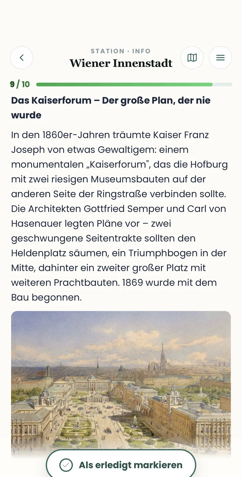 Info-Ansicht mit Infotext und historischem Bild zur Station