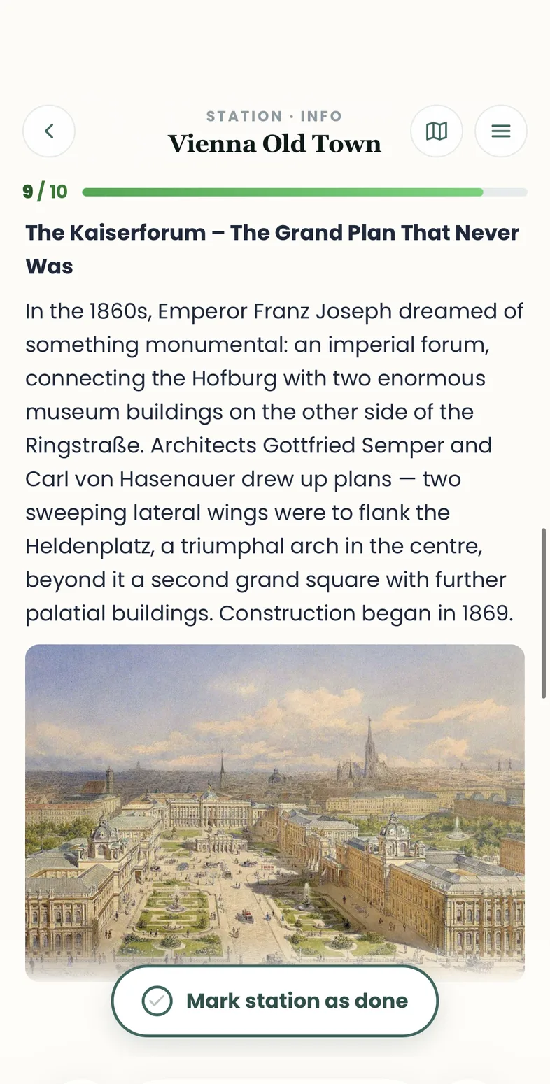 Info view with text and a historical image for the stop